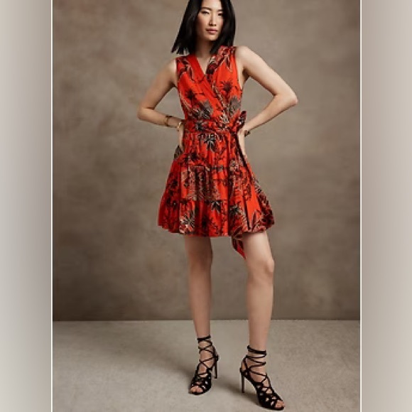 Banana Republic Stampa Mini Wrap Dress Red Floral - Picture 2 of 9